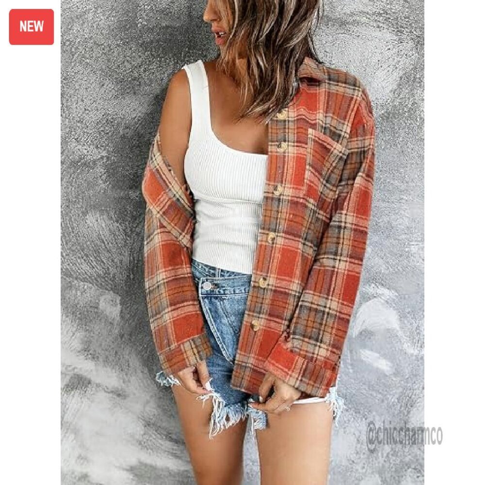 Flannel Shacket Jacket Button Down Long Sleeve Shirt Fall Outfits - Picture 3 of 8